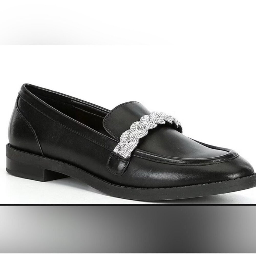 Gianni Bini SZ7.5 Bristow Black Leather Loafer Rhinestone Braid Chic Old Money
